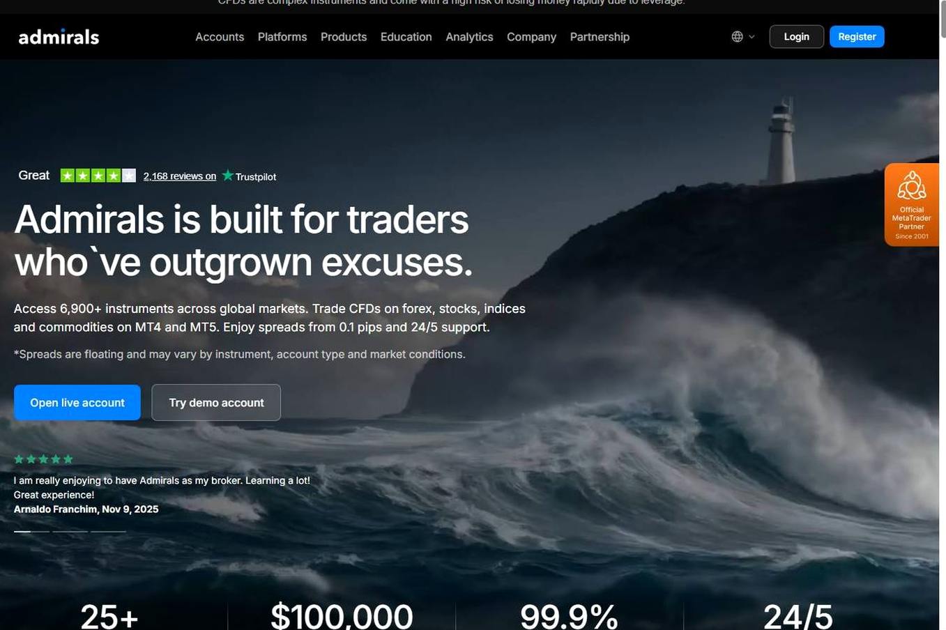 Screenshot of the Admirals website