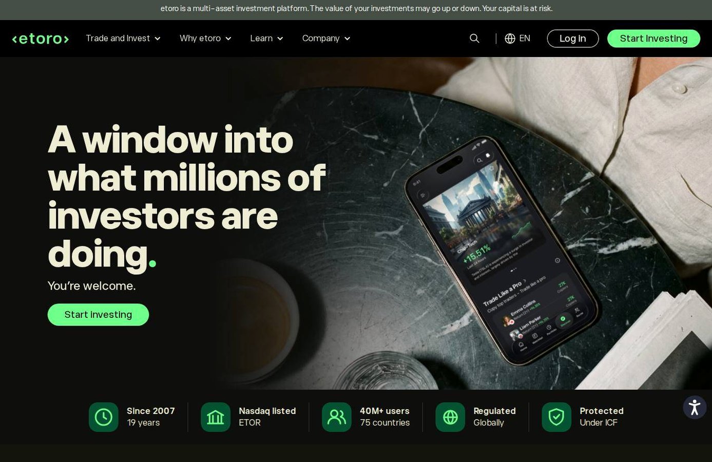 Screenshot of the eToro website
