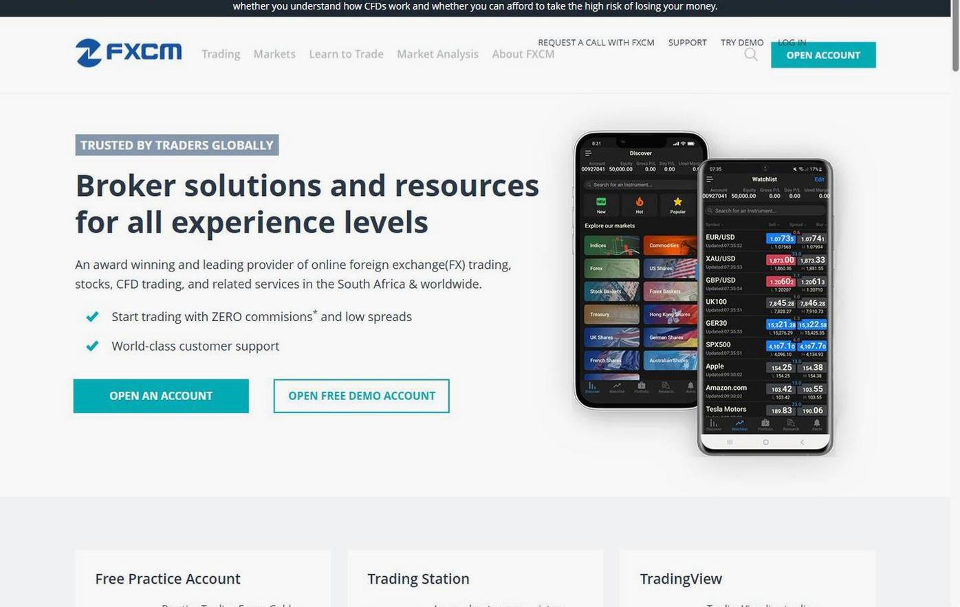 Screenshot of the FXCM website