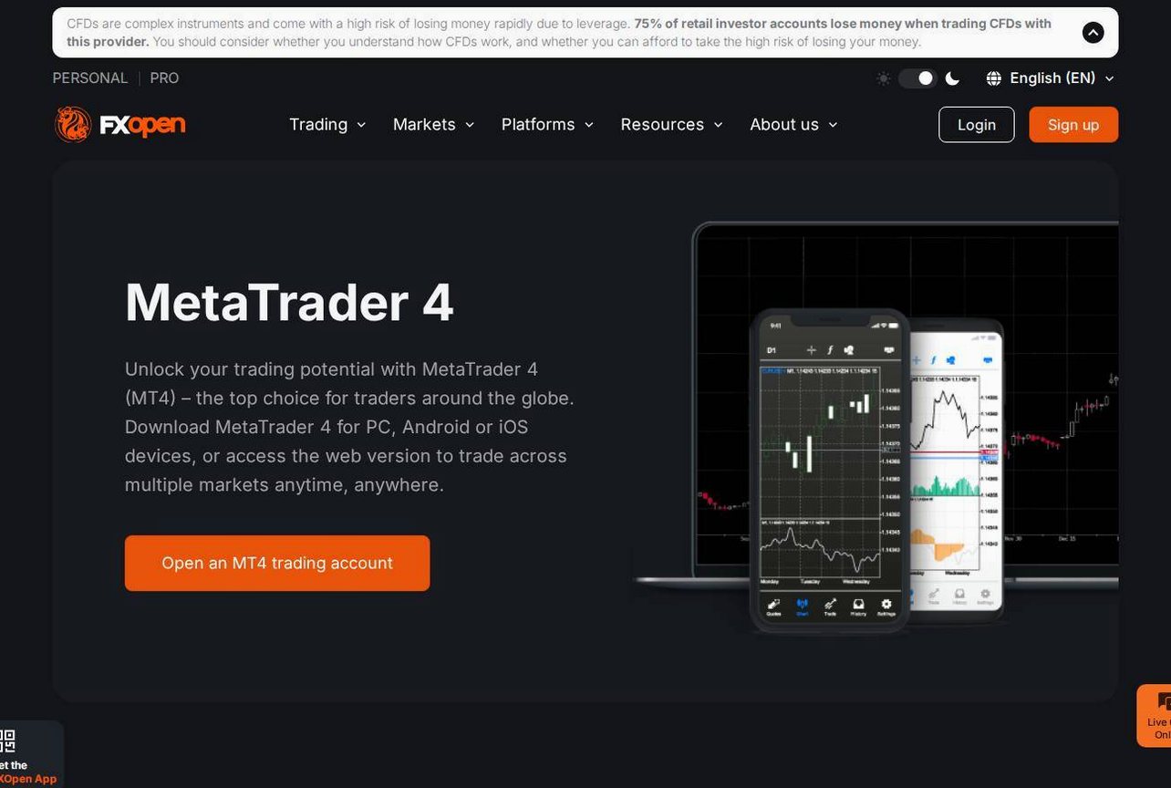 The platform page on the FXOpen website