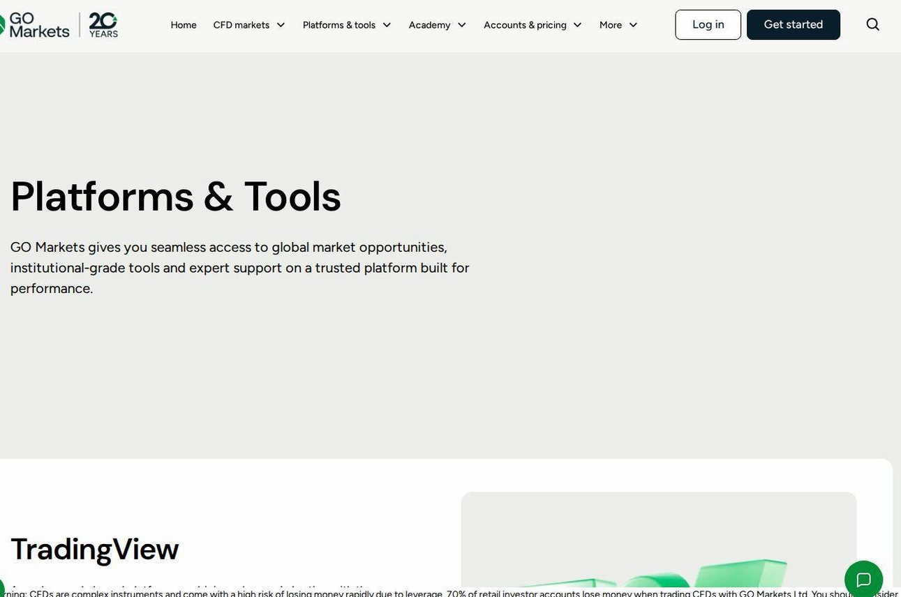 The platform page on the GO Markets website