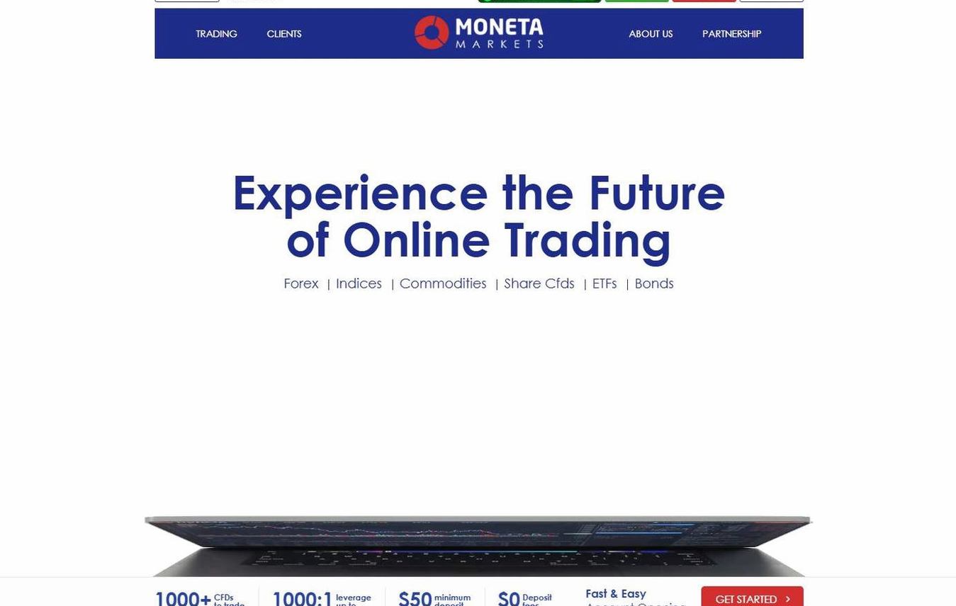 Screenshot of the Moneta Markets website