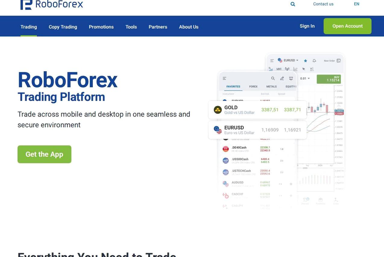 The platform page on the RoboForex website