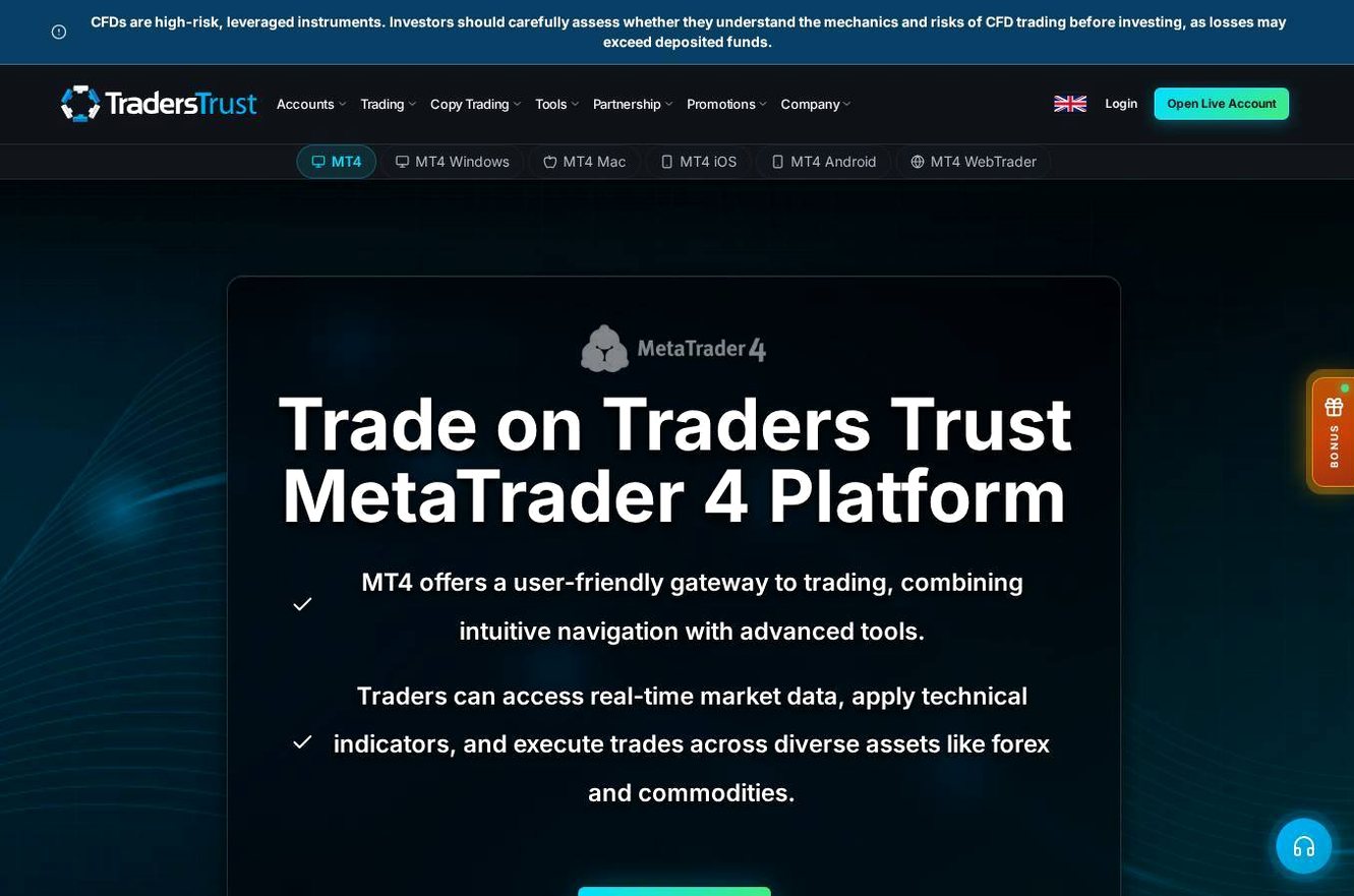 The platform page on the Traders Trust website