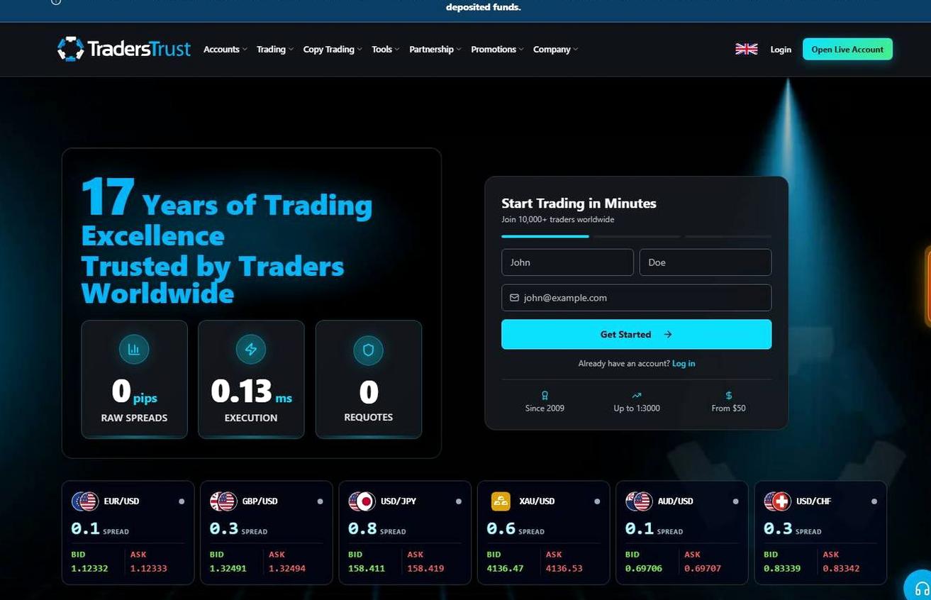 Screenshot of the Traders Trust website